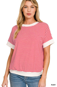 Zenana Stripe Contrast Trim Banded Bottom Top