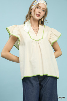 Umgee Contrast Trim Babydoll Blouse