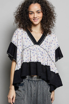 POL Floral Print V-Neck Woven Blouse with Gentle Gathers