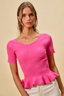 SO ME Ribbed Knit Short Sleeves Peplum Sweater Top