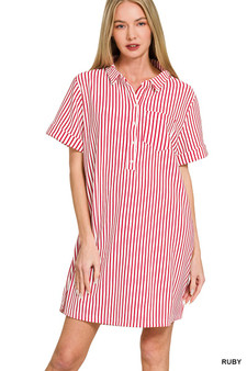 Zenana Stripe Collared Half Button Up T-Shirts Dress