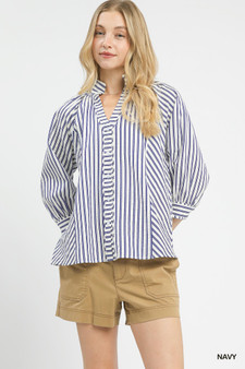 Umgee Striped V-Neck Button Down Top