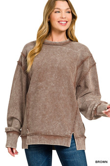 Zenana Acid Washed Double Ribbed Exposed-Seam Sweatshirt