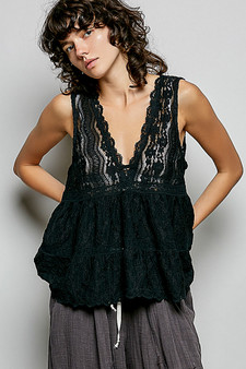 POL Deep V-Neck Scalloped Lace Sleeveless Top