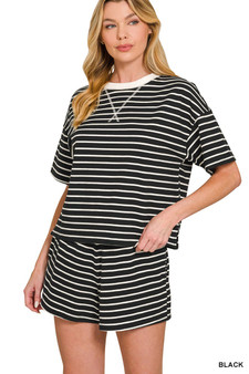 Zenana Striped Round Neck Tee & Shorts Set