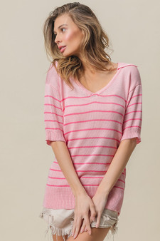 BiBi Stripe Short Sleeves Collared V Neck Top