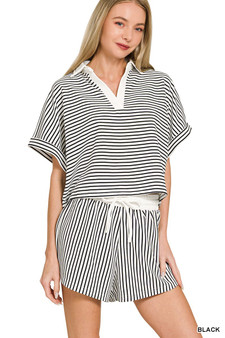 Zenana Striped Collared Top & Shorts Set