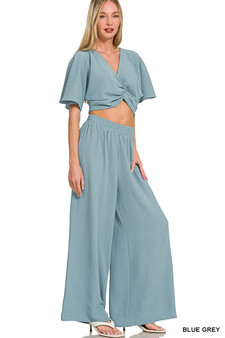 Zenana Woven Airflow Twisted Top & Wide Leg Pants Set