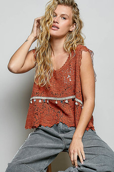 POL Lace Trim Openwork V-Neck Crochet Tank with Scalloped Edge