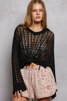 POL Openwork Round Neck High Low Knit Top