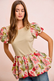 BiBi Floral Printed Bubble Sleeves and Hem Peplum Top