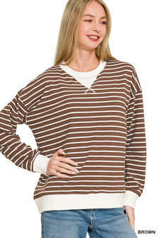 Zenana Contrast Striped Round Neck Sweatshirt