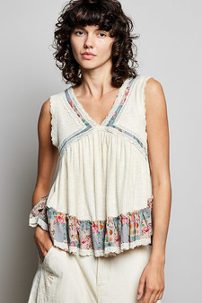 POL Lace Detail Ruffled Ribbed Sleeveless Top with Floral Pattern Trim Detail