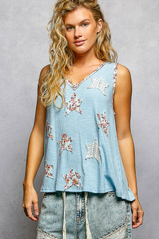 POL Washed Ribbed V-Neck Tank with Floral Print Star Patch