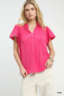 Umgee Texture Flutter Sleeve Notched Blouse