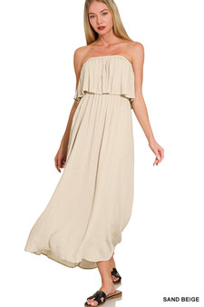 Zenana Woven Crinkle Strapless Maxi Dress