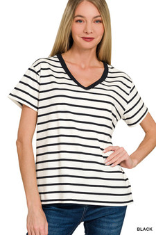Zenana Striped V-Neck Short Sleeve T-Shirt