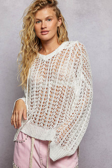 POL Openwork Round Neck High Low Knit Top