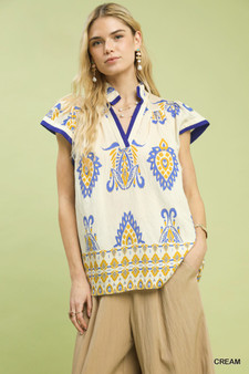 Umgee Border Print Split-Neck Boho Top
