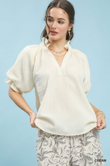 Umgee Textured Puff Sleeve Split Neck Top