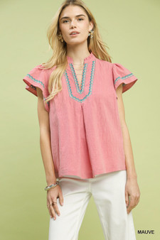 Umgee Embroidered Flutter Sleeve Blouse