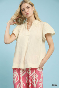 Umgee Texture Flutter Sleeve Notched Blouse