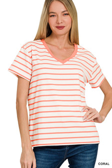 Zenana Striped V-Neck Short Sleeve T-Shirt