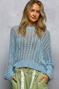 POL Openwork Round Neck High Low Knit Top