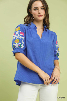 Umgee Seersucker Embroidered Sleeve Blouse