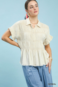 Umgee Washed Linen Blend Smocked Shirt