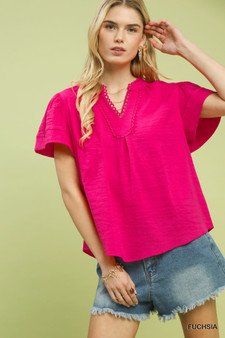 Umgee Seersucker Short Sleeve Top with Lace Trim