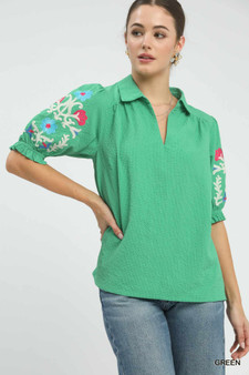 Umgee Seersucker Embroidered Sleeve Blouse