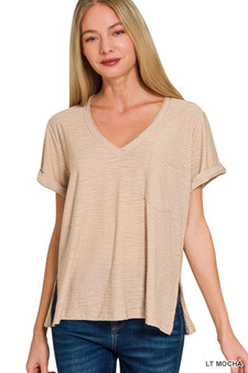Zenana Slub Rolled Short Sleeve V-Neck Tee