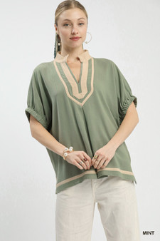Umgee Linen Contrast Trim V-Neck Blouse