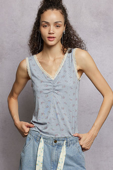 POL Ruched Floral V-Neck Tank with Lace Detail