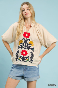 Umgee Embroidered Boho Puff Sleeve Blouse