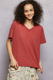 POL Ribbed Knit V-Neck Short Sleeve T-Shirt with Side Slit