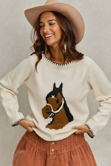 SO ME Horse Knit Sweater Top with Blanket Stitch