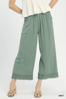 Umgee Linen Wide Leg Cropped Pants with Lace Trim