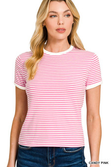 Zenana Striped Contrast Trim Tee
