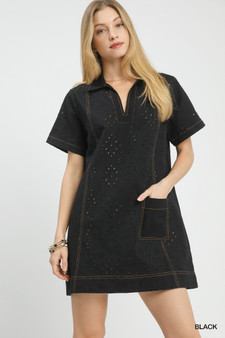 Umgee Eyelet Short Sleeve Shift Dress with Pocket