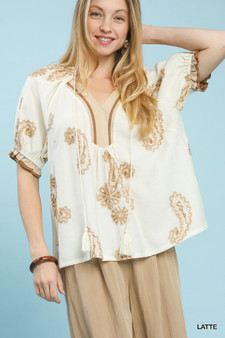 Umgee Paisley Embroidered Short Puff Sleeve Top