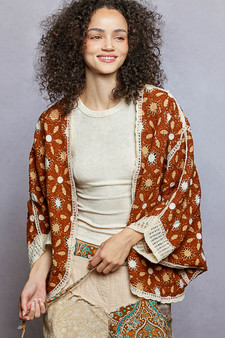 POL Open Front Floral Pattern Crochet Cardigan