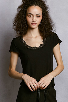 POL Round Neck Short Sleeve Crop T-Shirt with Lace Trim