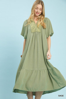 Umgee Puff Sleeve Midi Dress with Lace Detail