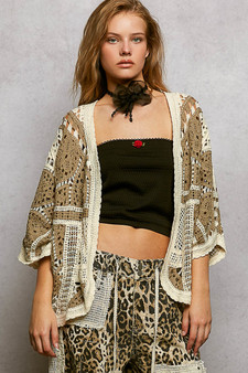 POL Open Front Crochet Cardigan with Scalloped Edge