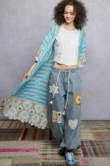 POL Striped and Floral Pattern Crochet Longline Cardigan