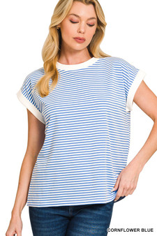 Zenana Striped Round Neck Short Sleeve Contrast Trim T-Shirt