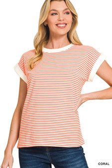 Zenana Striped Round Neck Short Sleeve Contrast Trim T-Shirt