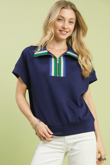 Umgee Striped Collared Neck Half-Zip Top